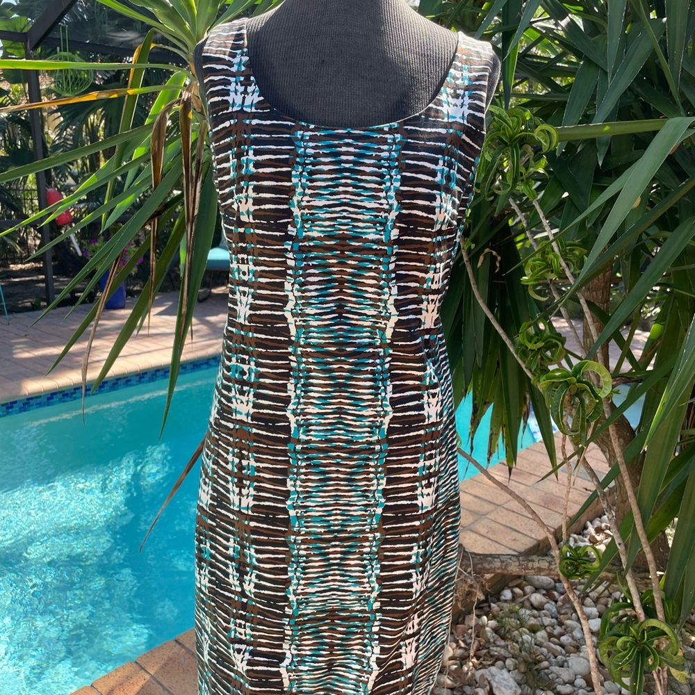 Rafaella Brown, Teal and White Sheath Midi Dress in Women’s Size 14